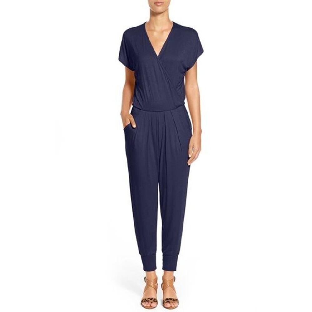 Loveappella Short Sleeve One Piece Wrap Top Jumpsuit Side Pockets Size PX-Large